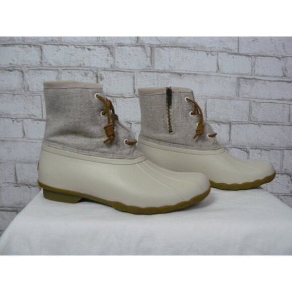 Sperry Satlwater Linen Wool Duck Boots Off White Zip & Lace Up 8 NEW S448 - Picture 1 of 7